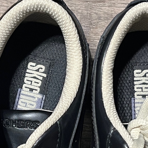 Skechers Womens Sz 8.5 Lace Up Black Leather Street Sneaker Off Wht Stripes - Picture 3 of 11